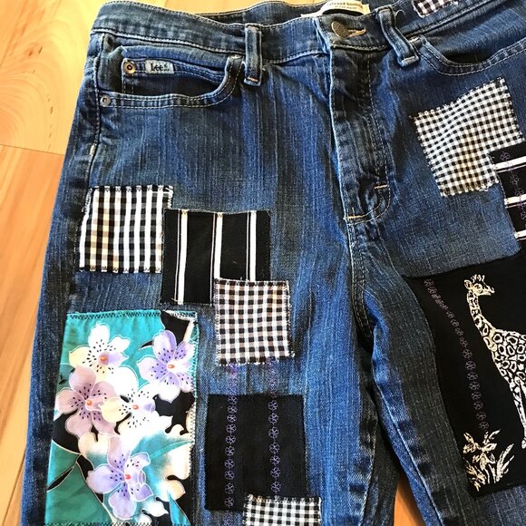 Boho Hippie Patch Jeans, Size 8 Long: Upcycled, Tropical Patchwork, Giraffes - Picture 8 of 16